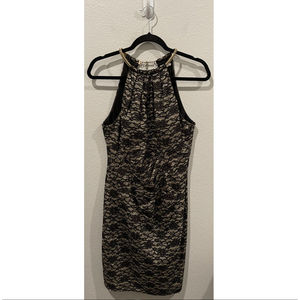ELIZA J Black Gold Lace Halter Midi Dress